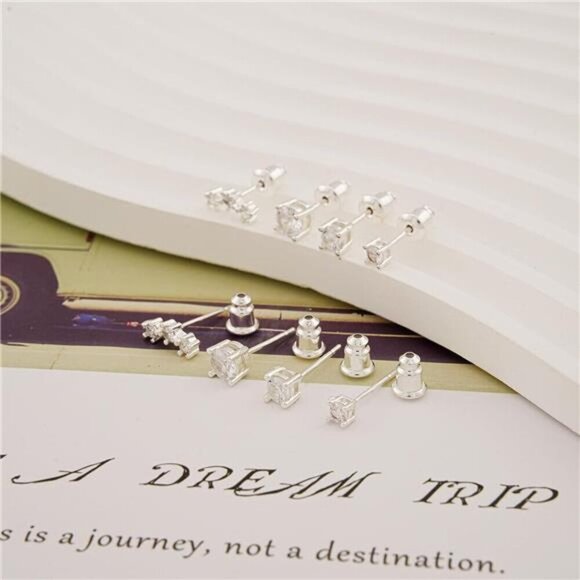 Silver Stud Earring Set – 4 Pairs CZ Multi-Size Set 925 Sterling Silver Dainty - Picture 6 of 6